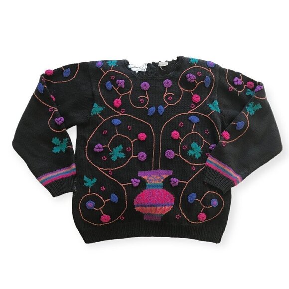 Vintage Needleworks hand knitted chunky cotton sweater, Flower Embroideries,  si - Picture 1 of 15